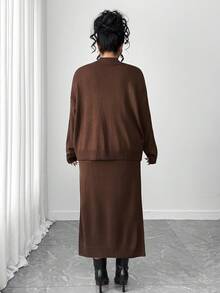 Elenzga Plus Size Elegant Turtleneck Long Sleeve Sweater Set - Coffee Brown - View 2