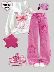 Girlism Tween-flickor, söta, härliga, fransade stjärnmönster, lösa, vida rosa jeans, för höst/vinter, vardag och streetwear, Halloween och jul, nyår, Thanksgiving, baggy jeans - Rosa - Visa 1