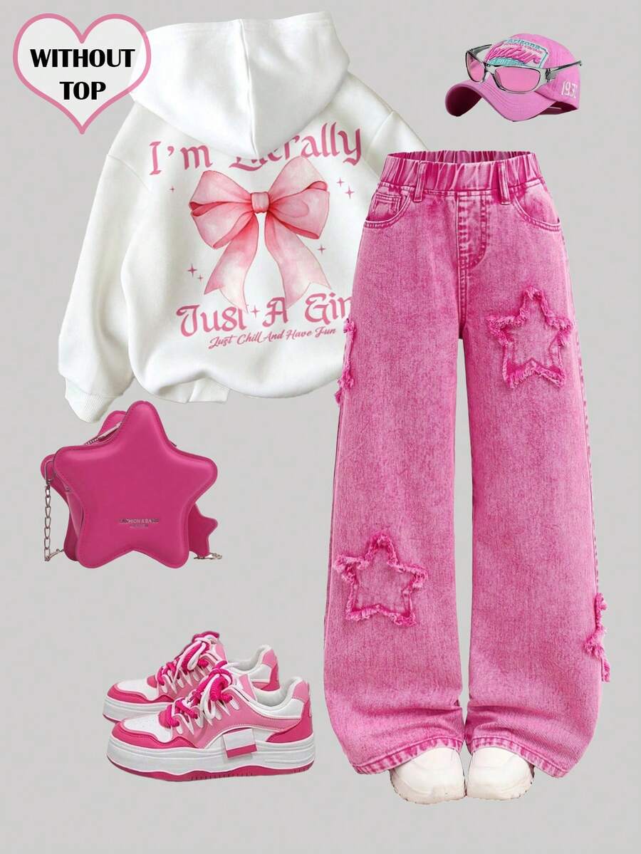 Girlism Tween-flickor, söta, härliga, fransade stjärnmönster, lösa, vida rosa jeans, för höst/vinter, vardag och streetwear, Halloween och jul, nyår, Thanksgiving, baggy jeans - Rosa - Visa 1