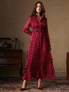 Anewsta 复古立领纽扣花卉拼接高腰系带女式连衣裙，适合秋季、冬季、新年、派对、婚礼、优雅、时尚、别致、潮流、圣诞节、节日等场合。 - 紅色 - 查看 4