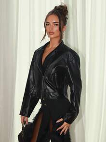 SHEIN Glamour Women's Black PU Faux Leather Jacket,Autumn Chic Classy Casual Regular Crop Jacket For Women,Party Night Leather Jacket - Black - View 1