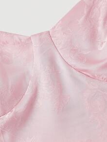 SHEIN MOD Vestido elegante de longitud media con cuello de corazón, mangas farol y volantes en el bajo, en tela jacquard con estampado floral para mujer - Rosa - Ver 4