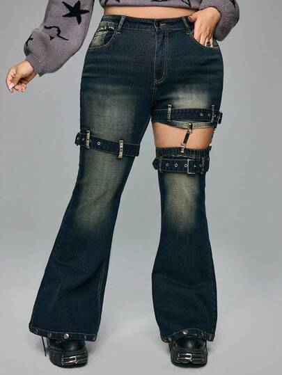 Grunge Punk Plus Size Vintage Washed Hollow Out Sexy Flare Jeans