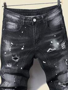 Manfinity Roughcore Men Cotton Splash Ink Print Ripped Frayed Skinny Jeans Plain Slim Fit Long Black Cargo Jeans, For Husband, Boyfriend Gifts Hiking Going Out Party Vacation Urban, Grunge