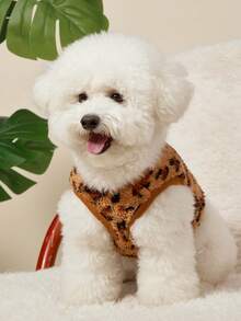 PETSIN 1pc Pet Cat And Dog Universal Fashionable Brown Leopard Print Double-Sided Elastic Plush Comfortable Warm Open Button Dog Sleeveless Jacket