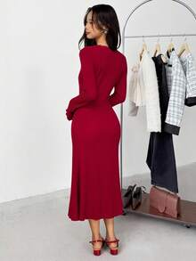 SHEIN 少女休闲简约舒适V领长袖束腰连衣裙 - 紅色 - 查看 2