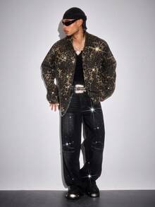 ROMWE MEN Street Life Men's Rhinestone Distressed Casual Loose Fit Washed Denim Jeans - Black - View 7