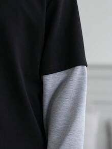 Manfinity Homme 男士撞色拼接连帽卫衣，二合一短款，适合居家或户外穿着，冬季宽松街头风，男士连帽衫，宽松街头风短款连帽衫，落肩设计，长袖上衣 - 彩色 - 查看 7