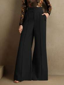 Anewsta Elegant High-Waisted Flared Leg Double-Button Suit Pants For Women, Chic Urban Style, New Year's