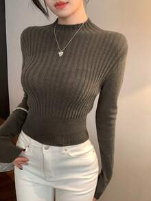 DAZY Suéter casual de cuello alto y ajustado para mujer - Verde militar - Ver 4