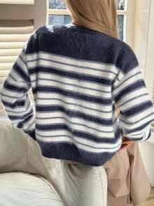 Livesso Gilet rayé blocs de couleurs décontracté pour femme, automne/hiver - Bleu azur - Voir 2