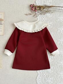 SHEIN 女婴休闲条纹翻领长袖连衣裙，春秋 - 紅色 - 查看 2