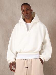 SUMWON 半拉链短款连帽衫，带抽绳和罗纹饰边，纯色 - 米色 - 查看 4