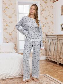 CottageSlumber Soft & Skin-Friendly Floral Lace Trim Long Sleeve Women Pajama Set, Winter Clothes - Grey - View 4