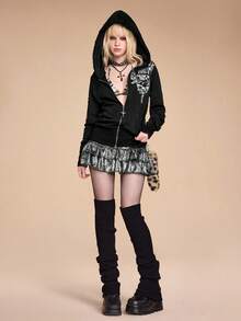 ROMWE Grunge Punk Y2K Kpop 原宿亚文化翅膀刺绣修身拉链卫衣（女款）