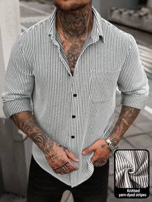 Manfinity CasualCool 男士弹力针织提花长袖衬衫，秋冬 - 黑與白 - 查看 1