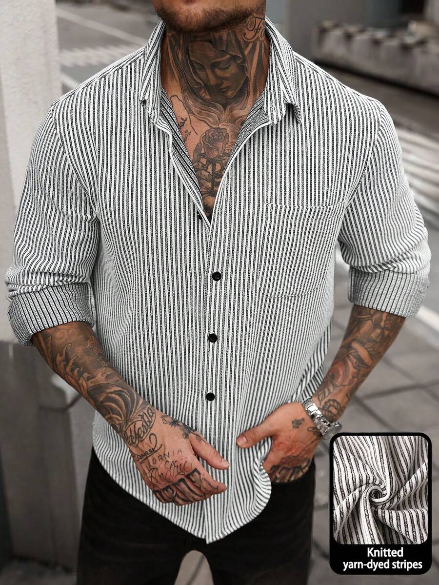 Manfinity CasualCool 男士弹力针织提花长袖衬衫，秋冬 - 黑與白 - 查看 1