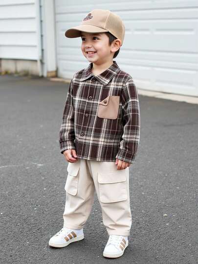 Playful Pals 2pcs Young Boy Autumn/Winter Long Sleeve Plaid Shirt And Solid Color Pants Set, Suitable For Home, Outings, And Gatherings