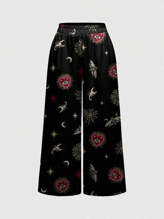Goth Luxurious Palace Style Dark Hearth Scorpion Star Sequin Spider Web Full Print Women's Wide Leg Pants