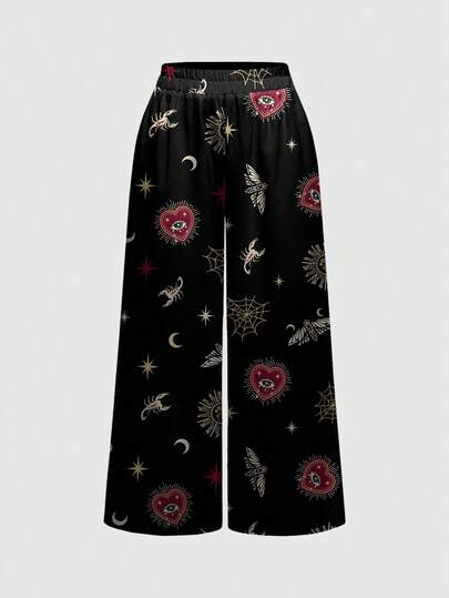 Goth Pantalones anchos de mujer con estampado completo de telaraña, estrella, escorpión y lentejuelas de estilo palaciego lujoso