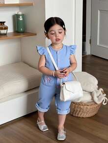 SHEIN 女婴可爱刺绣蝴蝶结口袋连体衣，春夏款