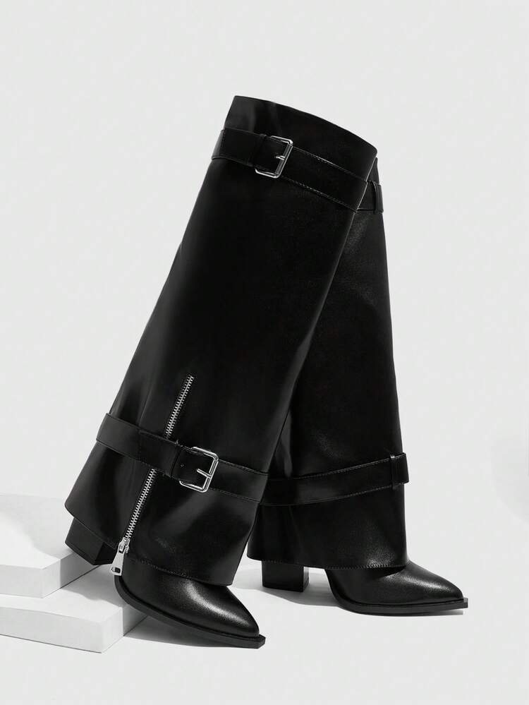 CUCCOO SZL Cuccoo Pointed Toe Thigh High Chunky Heel Tall Boots, Sexy Riding Boots For Women