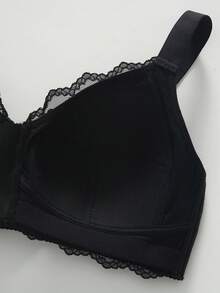 SHEIN 1pc Plus Size Black Wireless Lace Front Zip Closure Comfortable Wide Strap Bra - Black - View 9