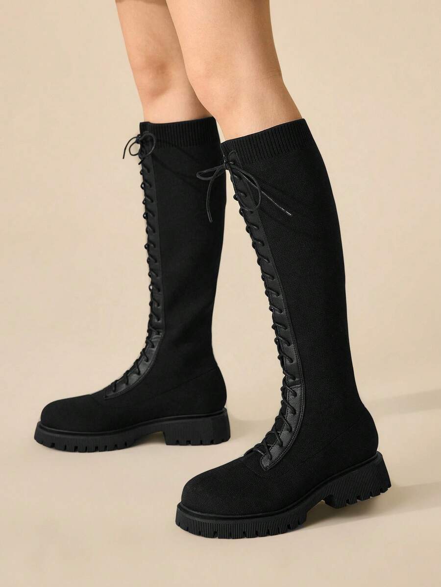 CUCCOO BASICS Bottes hautes noires à lacets et semelle épaisse pour femmes, design à enfiler d'un seul geste avec élastique. Convient pour le travail, les rendez-vous, les rassemblements, les fêtes, les festivals de musique, la rue, les vacances et autres occasions - Noir - Voir 1