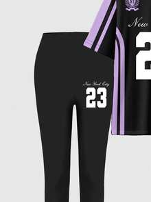SHEIN Women's Casual Fashion Creative Number 23 & Slogan Graphic Print Short Sleeve Top And Skinny Leggings 2 Pieces Set, Street Sporty Style