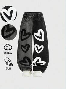 SHEIN Young Girls' Black & White Contrast Color Cute Fashionable Versatile Y2K Style Loose Straight Leg Elastic Waist Jeans Fall Winter - Multicolor - View 3
