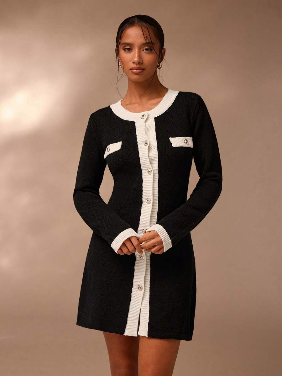 SHEIN Glamour SHEIN Spring And Summer Elegant Autumn New Single-Piece Knitted Black 
And White Long-Sleeved Round-Neck Mid-Length Women's Party Cardigan New Year Dress - Black and White - View 1