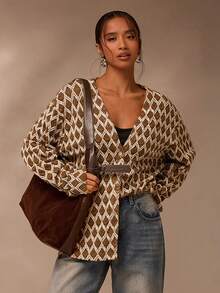 Glamine 女式时尚复古百搭V领纽扣长袖夹克 - 彩色 - 查看 3