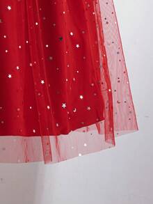 1pc Girls' Autumn New Velvet Fabric Round Neck Long Sleeve Ruched Gigot Sleeve Dress With Bow Waist And Sequin Hem, Red, Suitable For Christmas, Parties, Ceremonies - Red - View 5