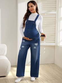 SHEIN Pregnant Women Pocket Design Distressed Wide Leg Loose Casual Denim Jumpsuit