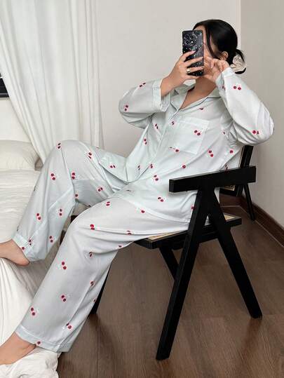 SHEIN Plusstorlekar för kvinnor, bubbelpyjamas med körsbärsmönster, topp och byxor, pyjamasset för kvinnor, långärmad topp och byxor, pyjamasset för kvinnor, bomull, vinterkläder