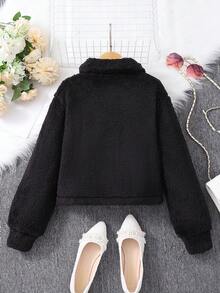 1pc Tween Girl Solid Long Sleeve Collar Fuzzy Jacket