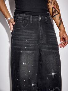 ROMWE MEN Street Life Men's Rhinestone Distressed Casual Loose Fit Washed Denim Jeans - Black - View 2