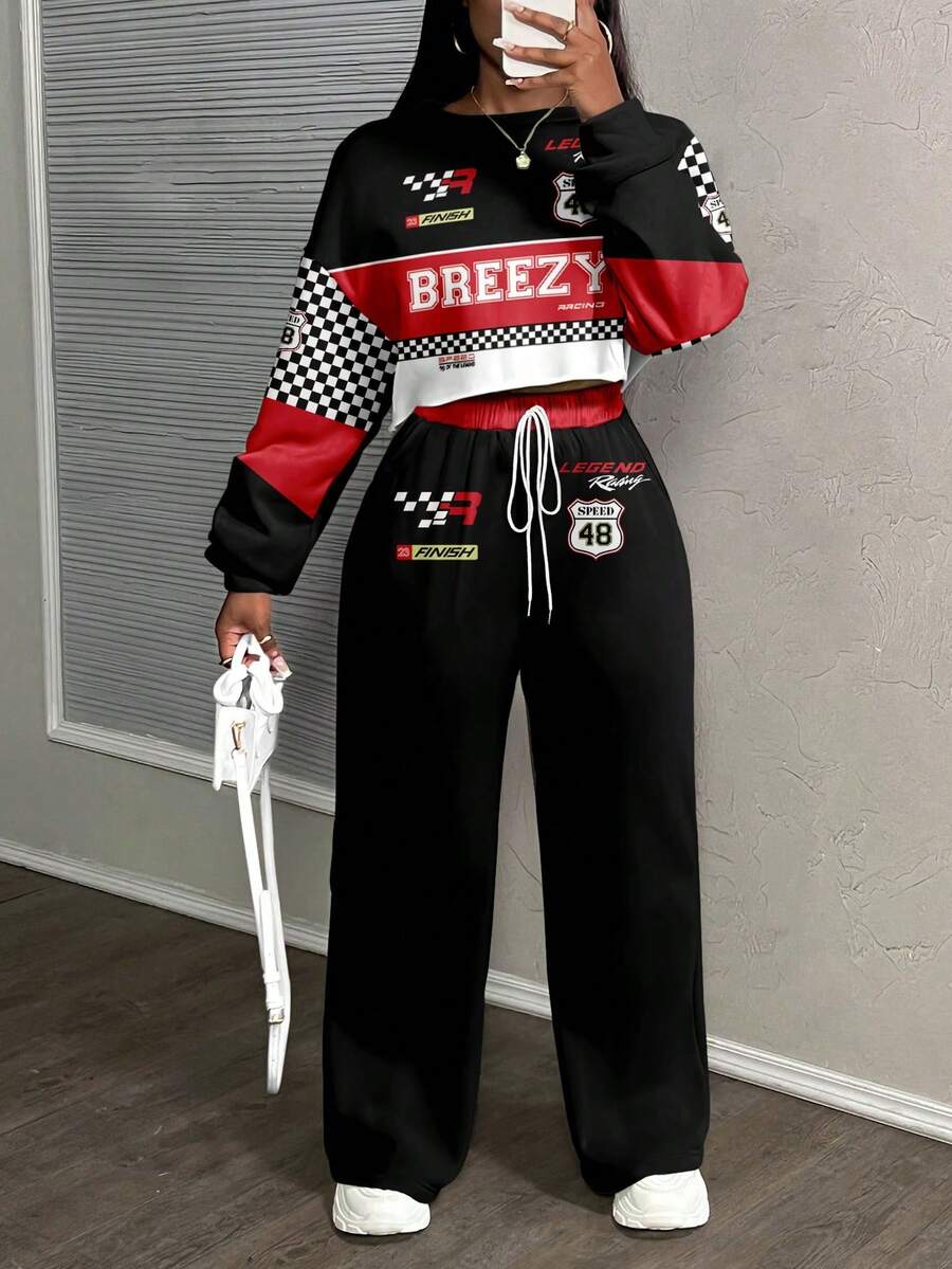 Slaydiva 女士休闲街头赛车风格运动撞色黑红字母数字徽章黑白棋盘格位置印花宽松两件套,适合秋冬、跳舞、街舞 - 白色 - 查看 1