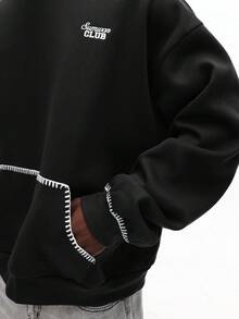 SUMWON 男士套头连帽衫，撞色缝线细节，正面中央口袋，纯色 - 黑色 - 查看 5