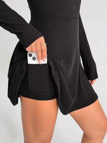 Gameset SHEIN Sport Women's Elegant Long Sleeve V-Neck Ribbed Dress Romper,Black,Autumn,Basic,Elegant,Sexy,Night Party,Asymmetric Hem Side Pockets Tennis Wrap Dress - Black - View 5