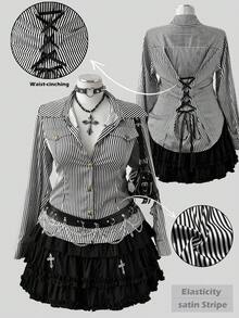 Sunspun 女士缎面经典黑白条纹收腰修身衬衫，复古美式风格，春秋 - 黑與白 - 查看 1