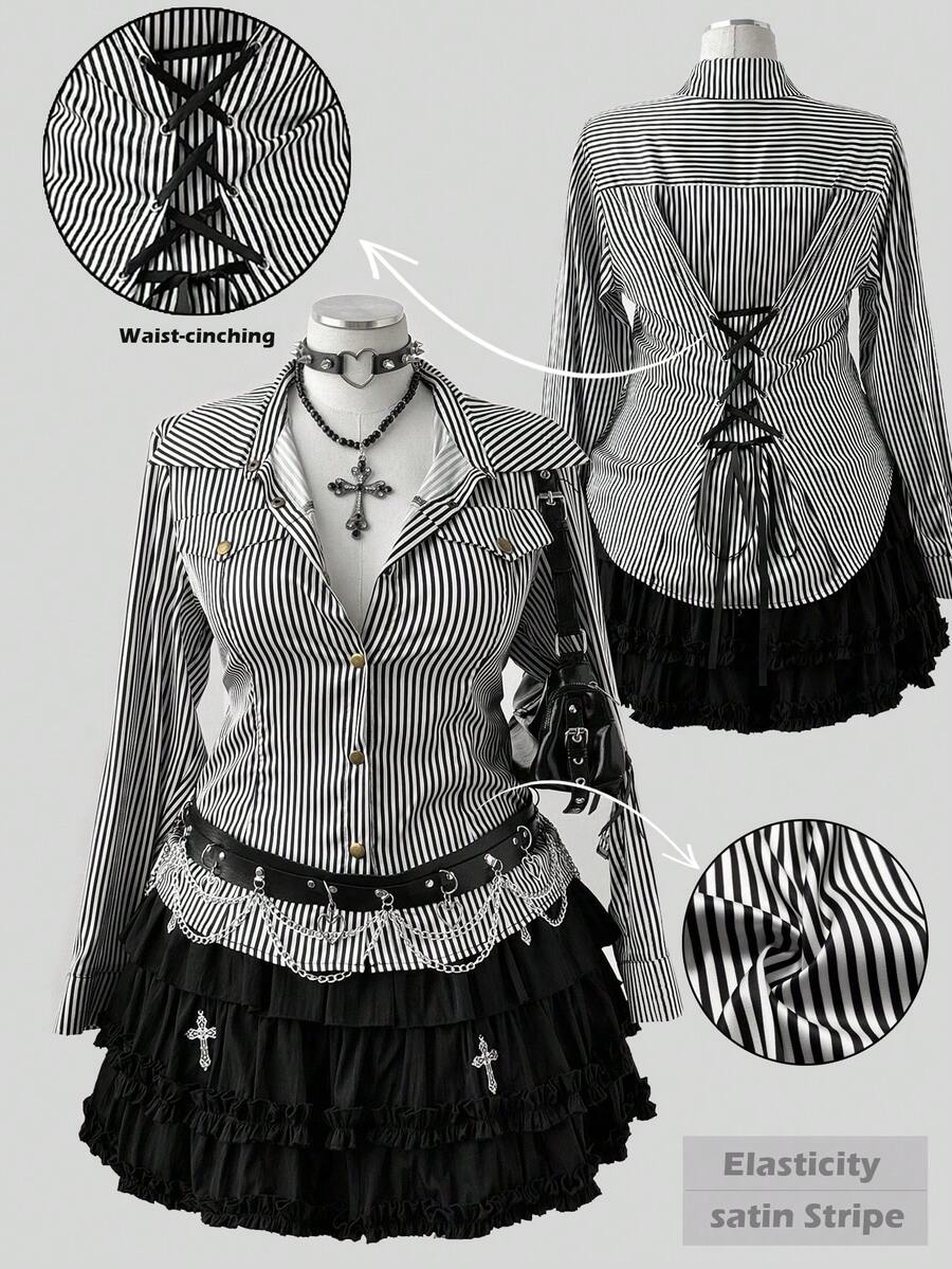 Sunspun 女士缎面经典黑白条纹收腰修身衬衫，复古美式风格，春秋 - 黑與白 - 查看 1