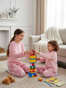 小女孩睡衣 2 件套，法兰绒柔软舒适套头衫，圆领长袖，心形和蝴蝶结印花长裤，甜美风格，非常适合圣诞节、情人节、生日、闺蜜礼物 - 粉色 - 查看 4