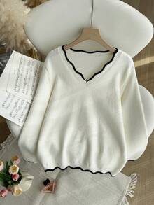 少女荷叶边 V 领宽松长袖毛绒保暖分层毛衣，休闲百搭返校套头衫，罗纹下摆撞色针织毛衣，乳白色 - 米色 - 查看 8