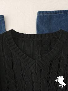 Sparklyn 1pc Women's Classic Cable Knit Pullover Sweater, V-Neck Slim Fit Long Sleeve Regular Thickness Knit Top With Black Horse Embroidery Decor, Comfortable & Versatile For Spring/Autumn, Casual Everyday Wear Youth Sweaters Knit Sweater Cute Sweater Sweater For Teen Young Girl Sweater - Black - View 4