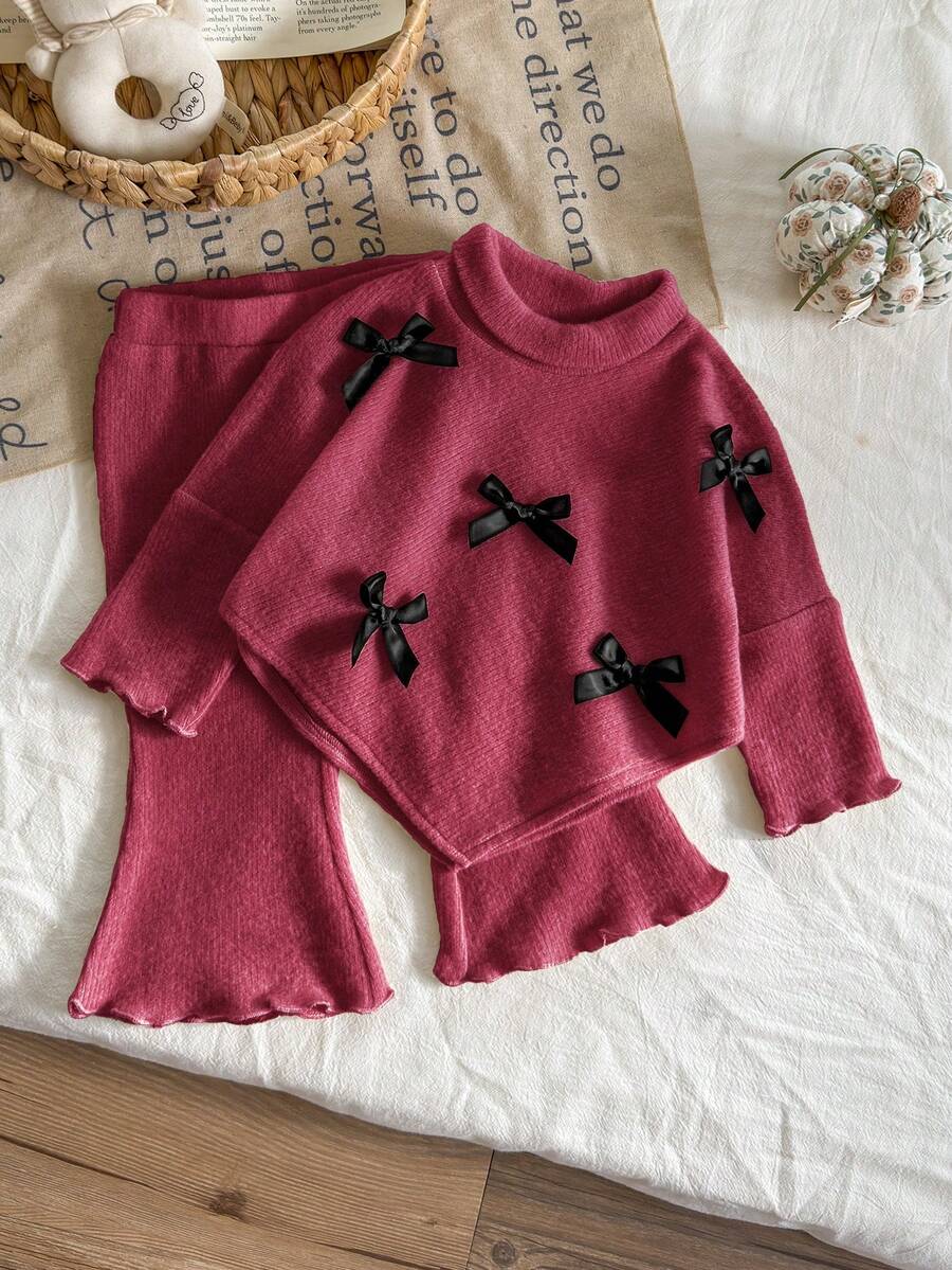SHEIN 2pcs Baby Girls' Bow Decor Knit Set, Light Apricot Turtleneck Top Paired With Matching Flare Pants, Cute & Casual For Autumn/Winter Baby Girl Outfit - Burgundy - View 1