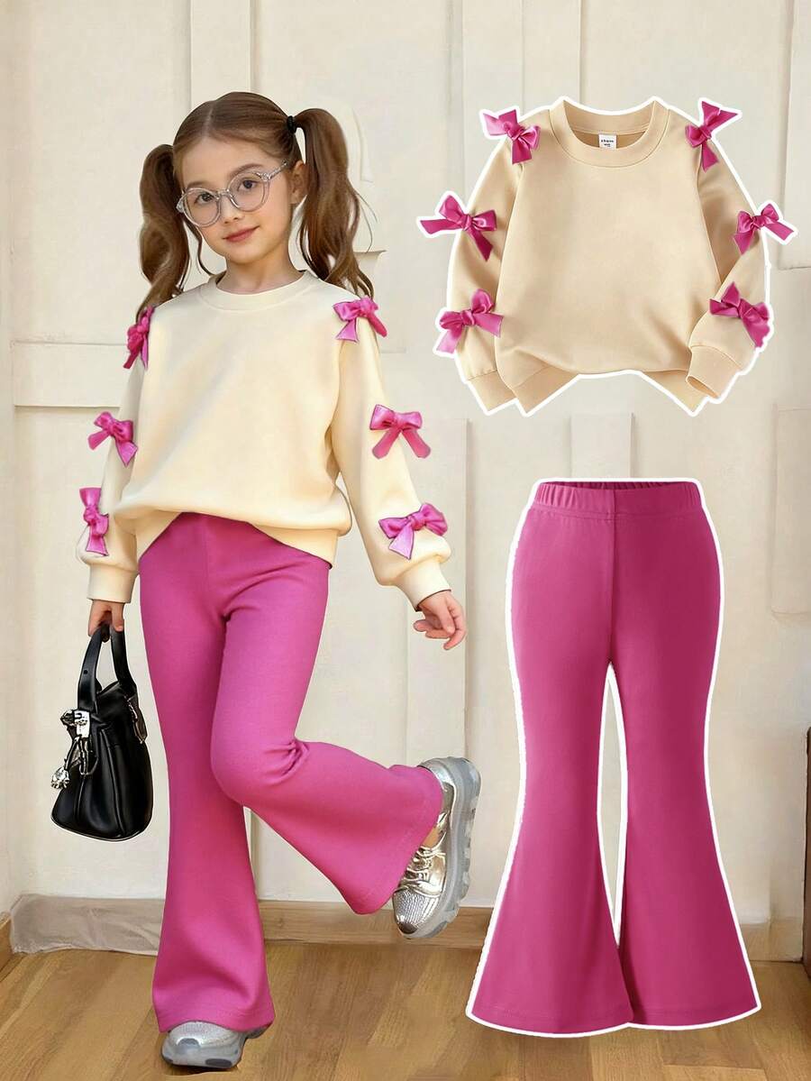 SHEIN 2件套年轻女孩简约时尚粉色蝴蝶结黑色上衣和粉色裤子运动服套装 - 彩色 - 查看 1