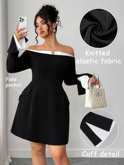 Elenzga 大码女式优雅露肩长袖短款鸡尾酒会连衣裙