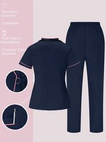 médicos: Parte superior de cuello en V de manga corta y pantalones para trabajadores de la salud - Azul marino 3 - Ver 11