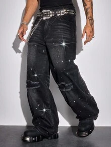 ROMWE MEN Street Life Men's Rhinestone Distressed Casual Loose Fit Washed Denim Jeans - Black - View 5